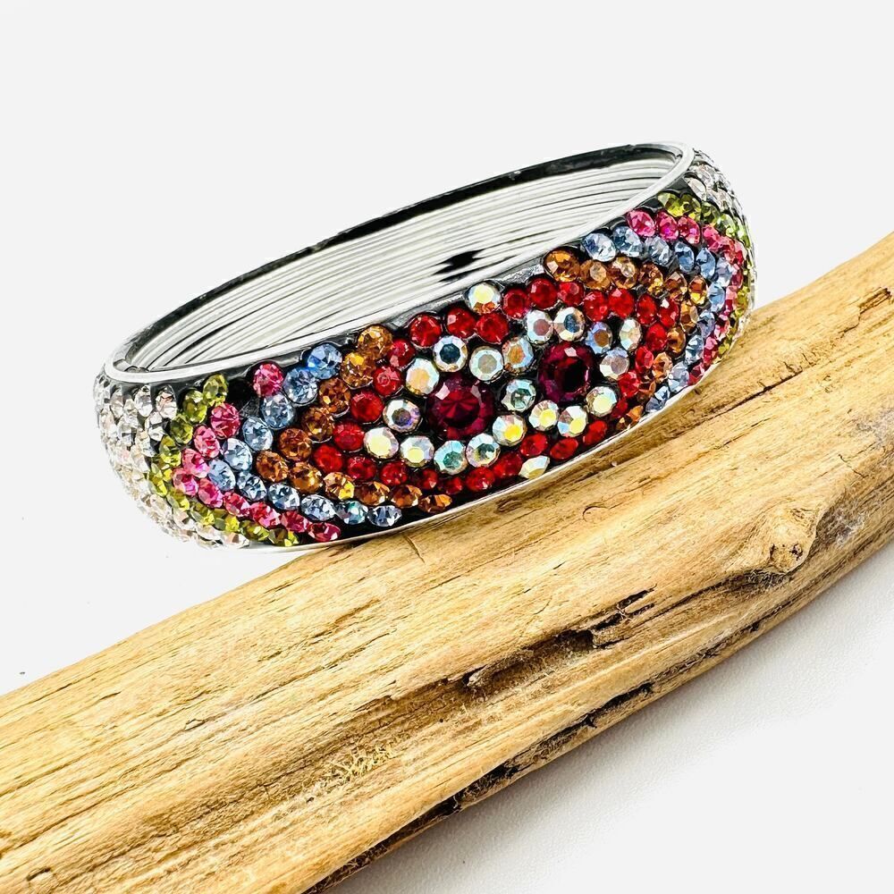 Vintage Wide Domed Multi Color Rhinestone Bangle Bracelet